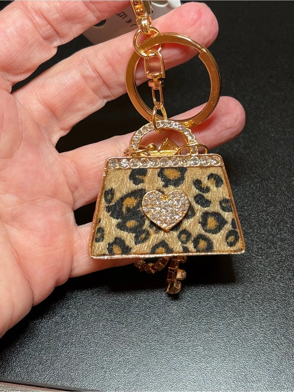 Leopard Print Purse Charm Keychain - Gold with Crystal Accents